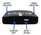 Blushield EVO Portable with charging port, on/off button, and indicators.